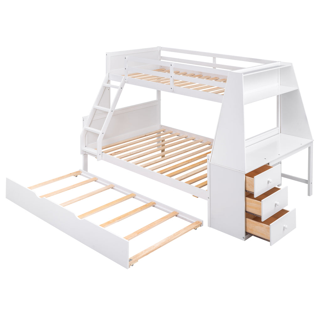 Twin over Full Bunk Bed with Trundle and Built-in Desk, White