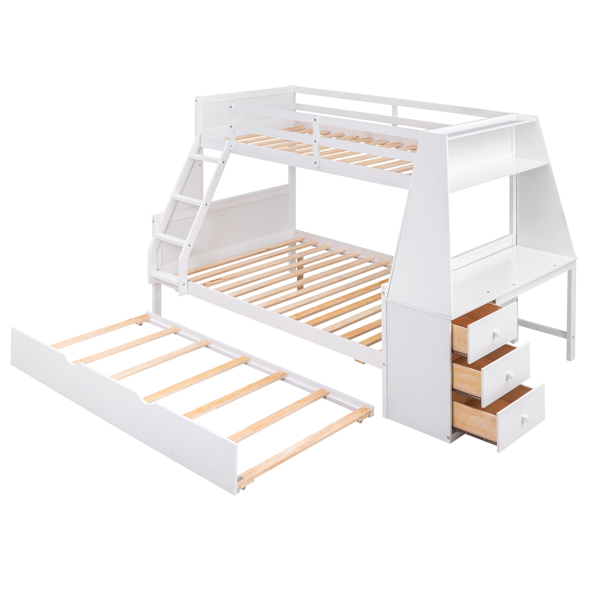 Twin over Full Bunk Bed with Trundle and Built-in Desk, White