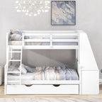 Twin over Full Bunk Bed with Trundle and Built-in Desk, White