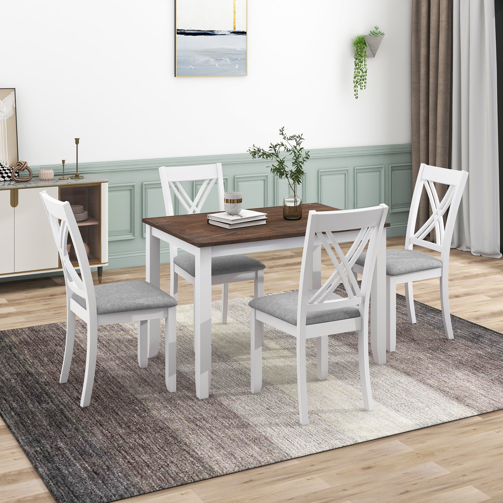 TOPMAX Rustic Minimalist Wood 5-Piece Dining Table Set with 4 X-Back Chairs for Small Places, White Default