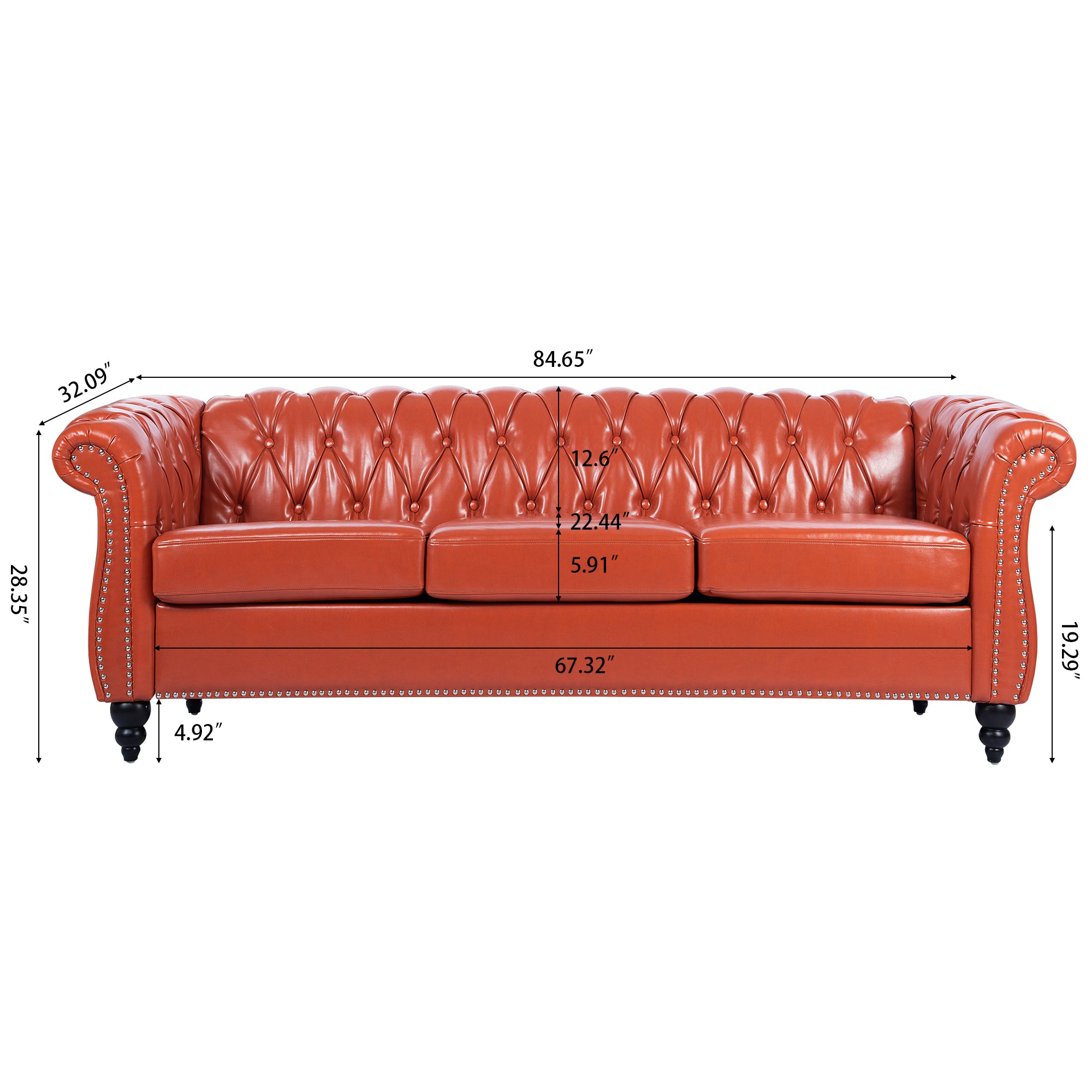84.65' Rolled Arm Chesterfield 3 Seater Sofa