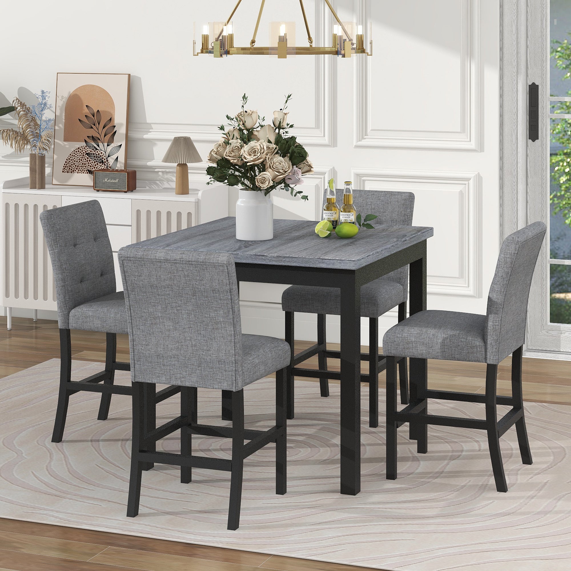 TOPMAX 5-Piece Counter Height Dining Set Wood Square Dining Room Table and Chairs Stools w/Footrest & 4 Upholstered high-back Chairs,Black Default