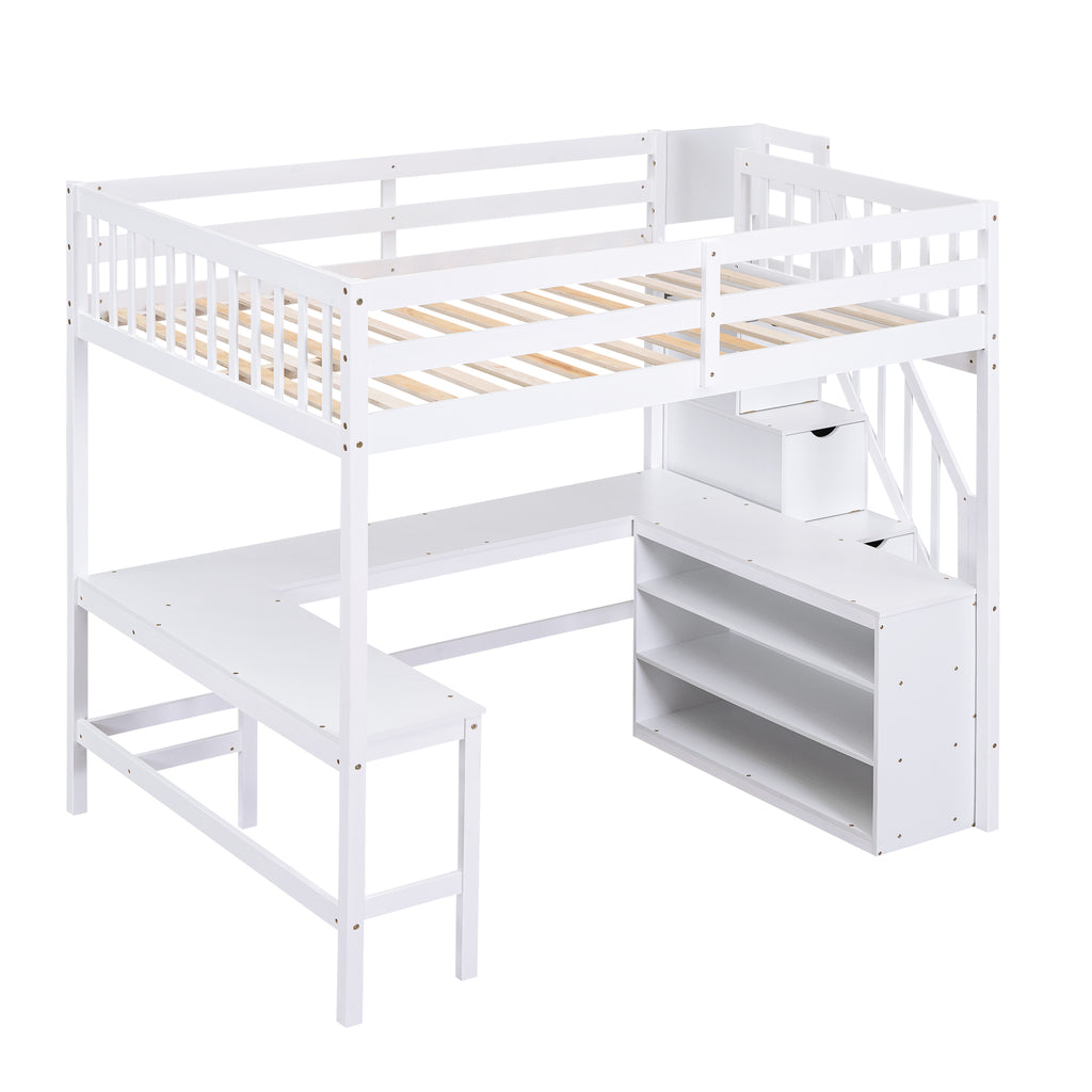 Full Size Loft Bed with Built-in L-Shaped Desk and Three-Tier Storage Shelves,and Attached Storage Staircase, White(Old SKU: GX001809AAK)