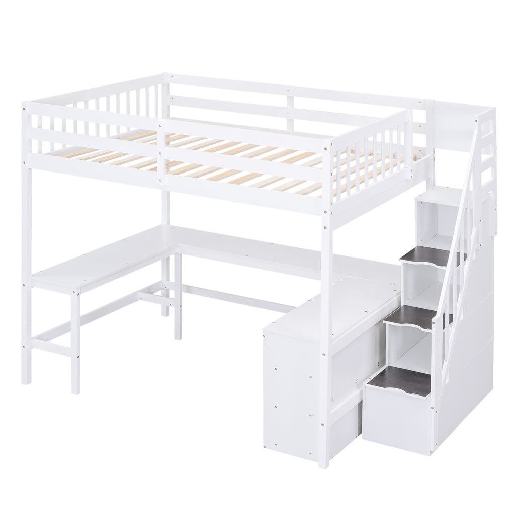 Full Size Loft Bed with Built-in L-Shaped Desk and Three-Tier Storage Shelves,and Attached Storage Staircase, White(Old SKU: GX001809AAK)