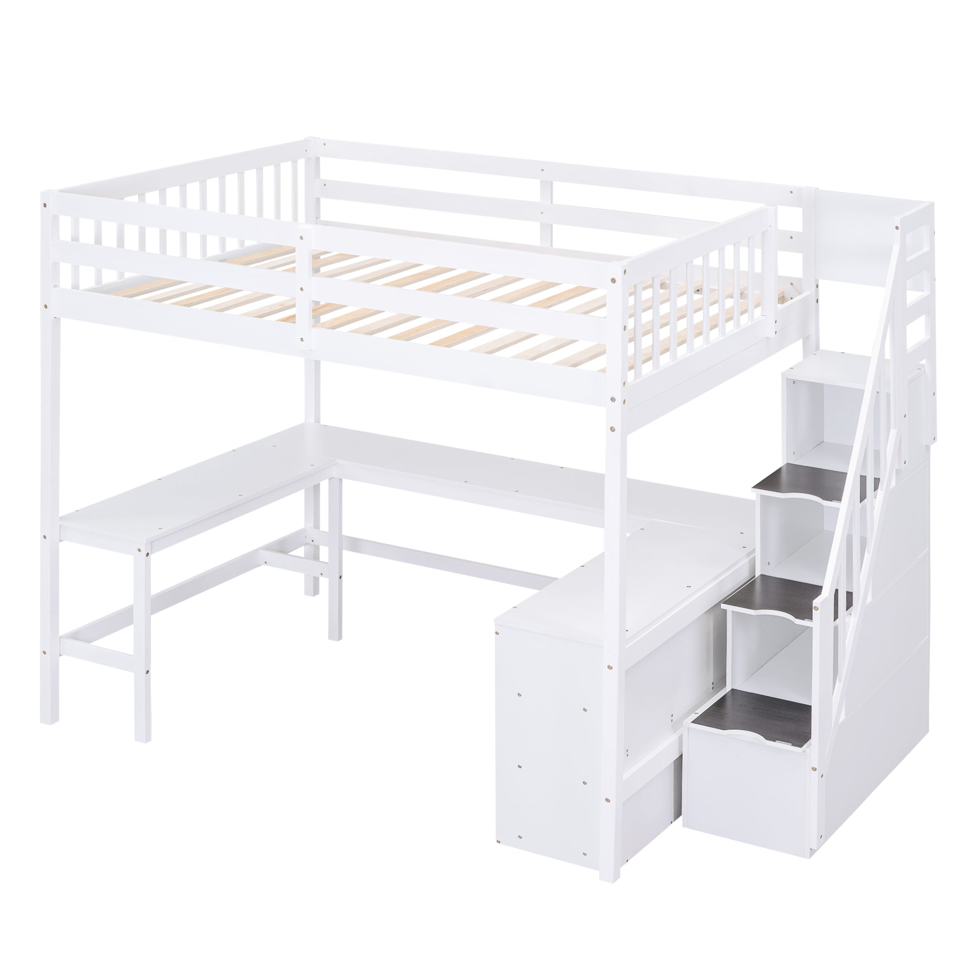 Full Size Loft Bed with Built-in L-Shaped Desk and Three-Tier Storage Shelves,and Attached Storage Staircase, White(Old SKU: GX001809AAK)