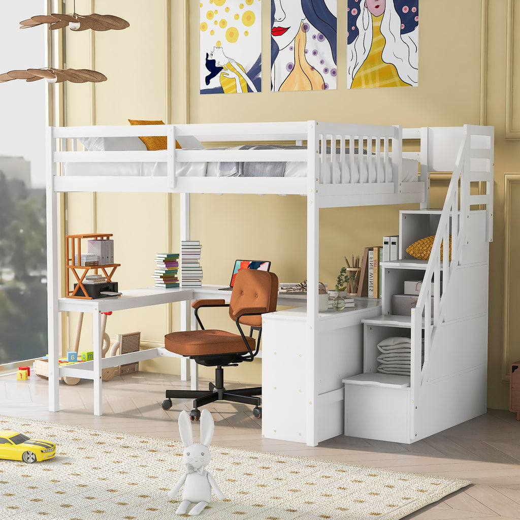 Full Size Loft Bed with Built-in L-Shaped Desk and Three-Tier Storage Shelves,and Attached Storage Staircase, White(Old SKU: GX001809AAK)