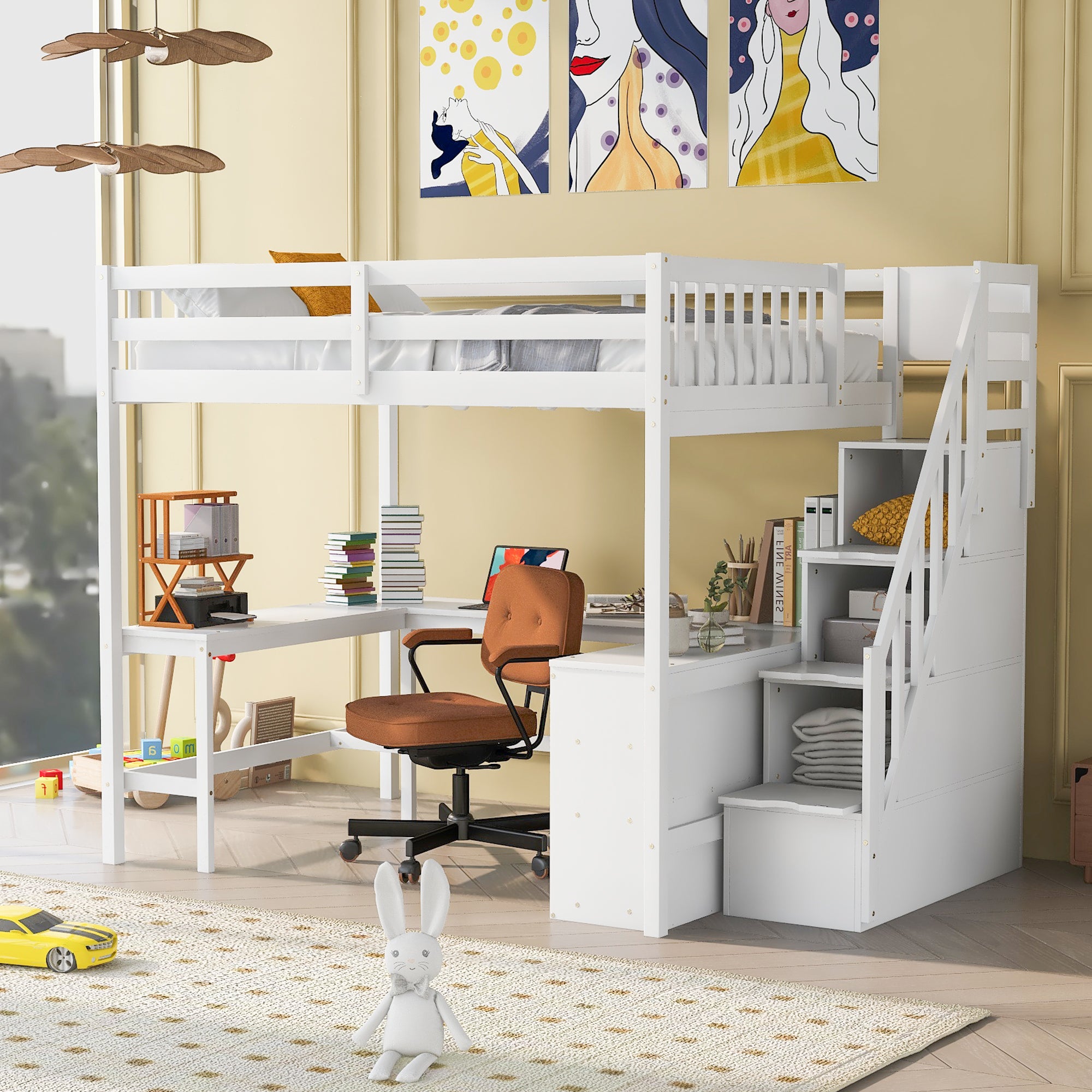 Full Size Loft Bed with Built-in L-Shaped Desk and Three-Tier Storage Shelves,and Attached Storage Staircase, White(Old SKU: GX001809AAK)