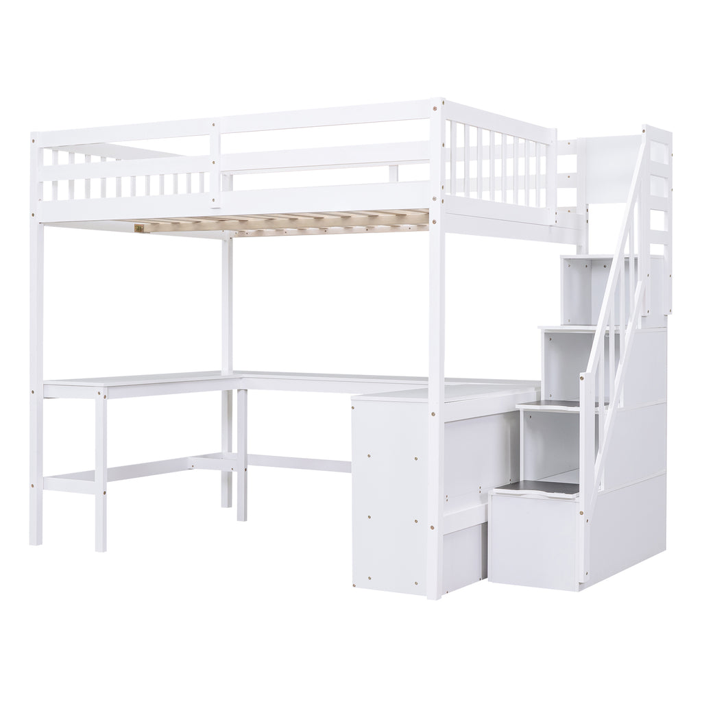 Full Size Loft Bed with Built-in L-Shaped Desk and Three-Tier Storage Shelves,and Attached Storage Staircase, White(Old SKU: GX001809AAK)