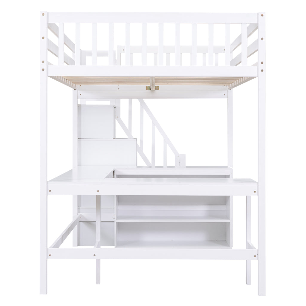 Full Size Loft Bed with Built-in L-Shaped Desk and Three-Tier Storage Shelves,and Attached Storage Staircase, White(Old SKU: GX001809AAK)