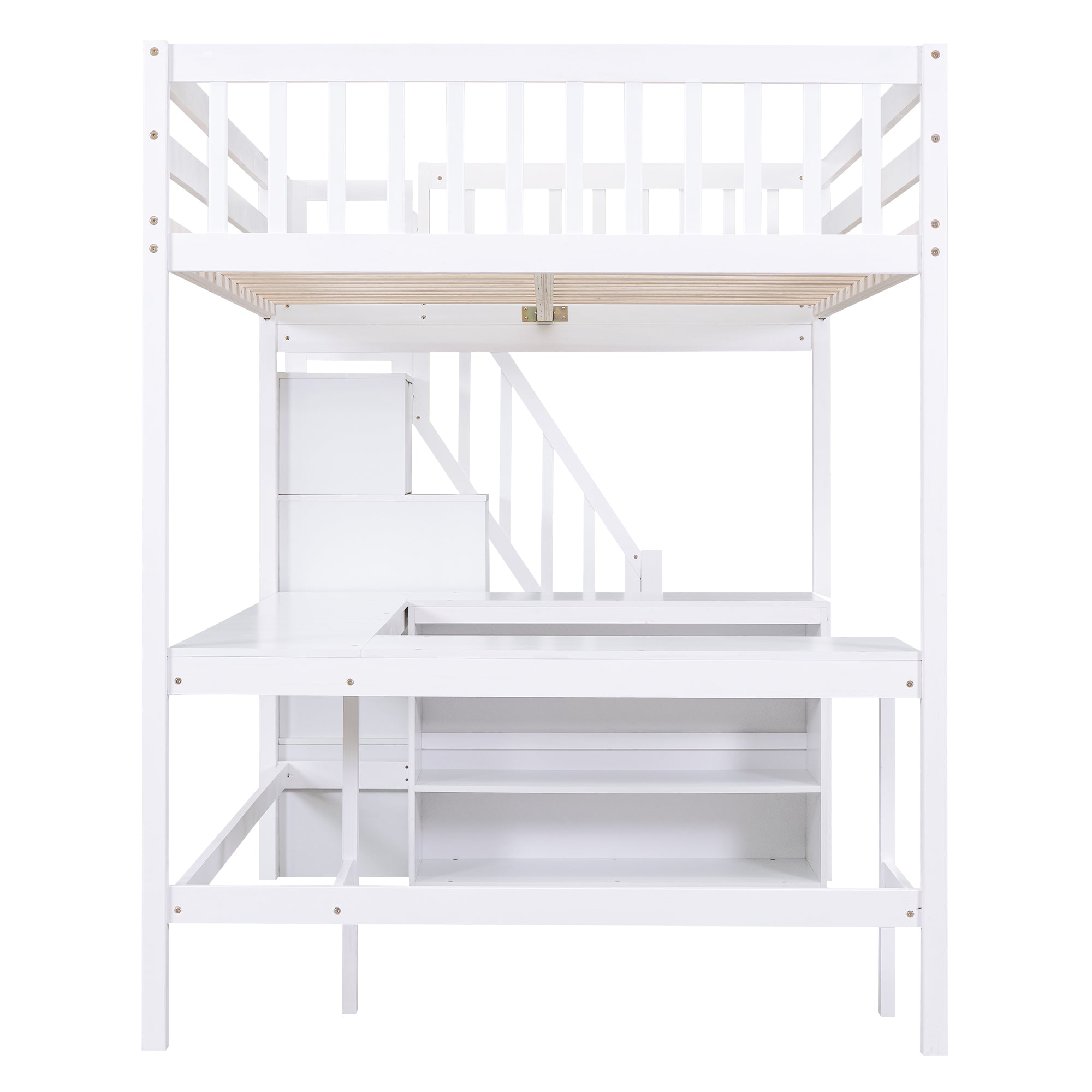 Full Size Loft Bed with Built-in L-Shaped Desk and Three-Tier Storage Shelves,and Attached Storage Staircase, White(Old SKU: GX001809AAK)