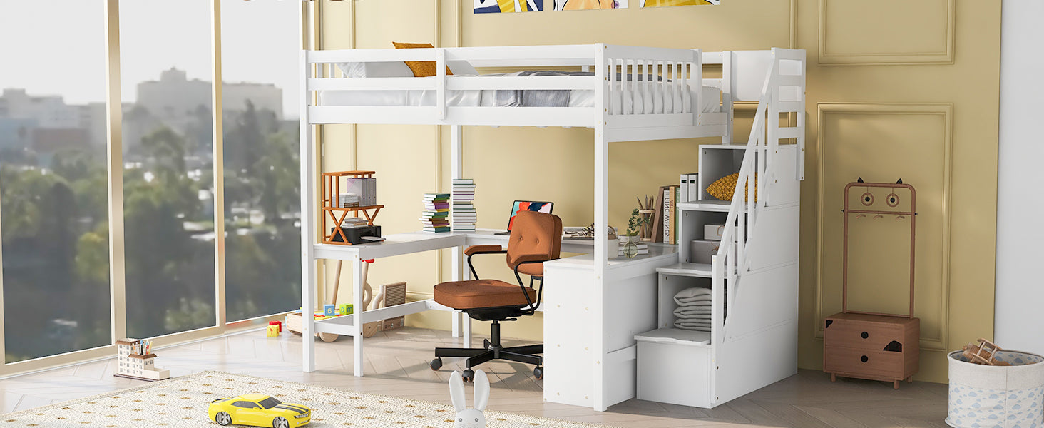 Full Size Loft Bed with Built-in L-Shaped Desk and Three-Tier Storage Shelves,and Attached Storage Staircase, White(Old SKU: GX001809AAK)