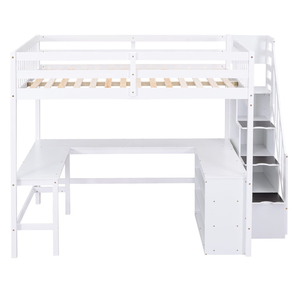 Full Size Loft Bed with Built-in L-Shaped Desk and Three-Tier Storage Shelves,and Attached Storage Staircase, White(Old SKU: GX001809AAK)