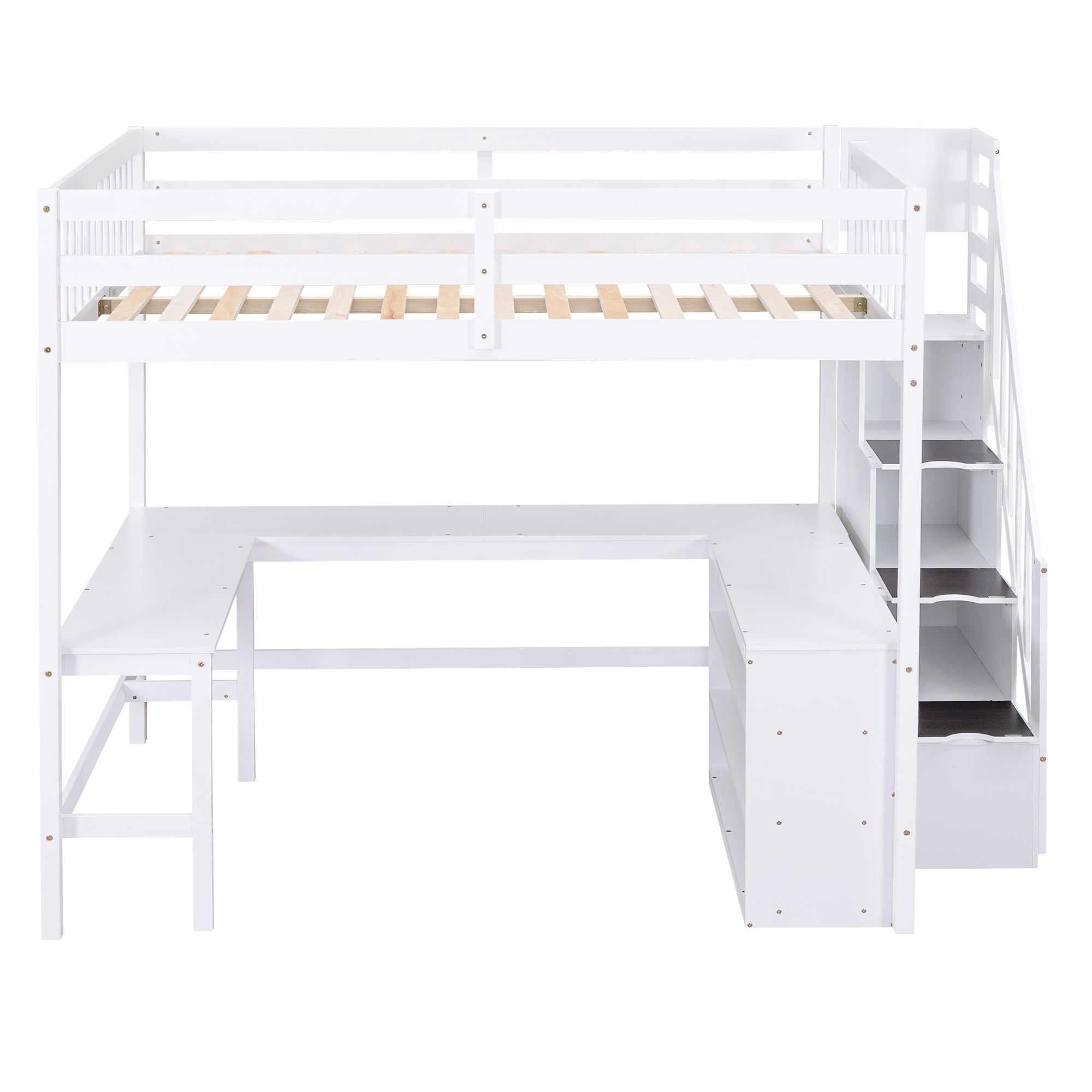 Full Size Loft Bed with Built-in L-Shaped Desk and Three-Tier Storage Shelves,and Attached Storage Staircase, White(Old SKU: GX001809AAK)