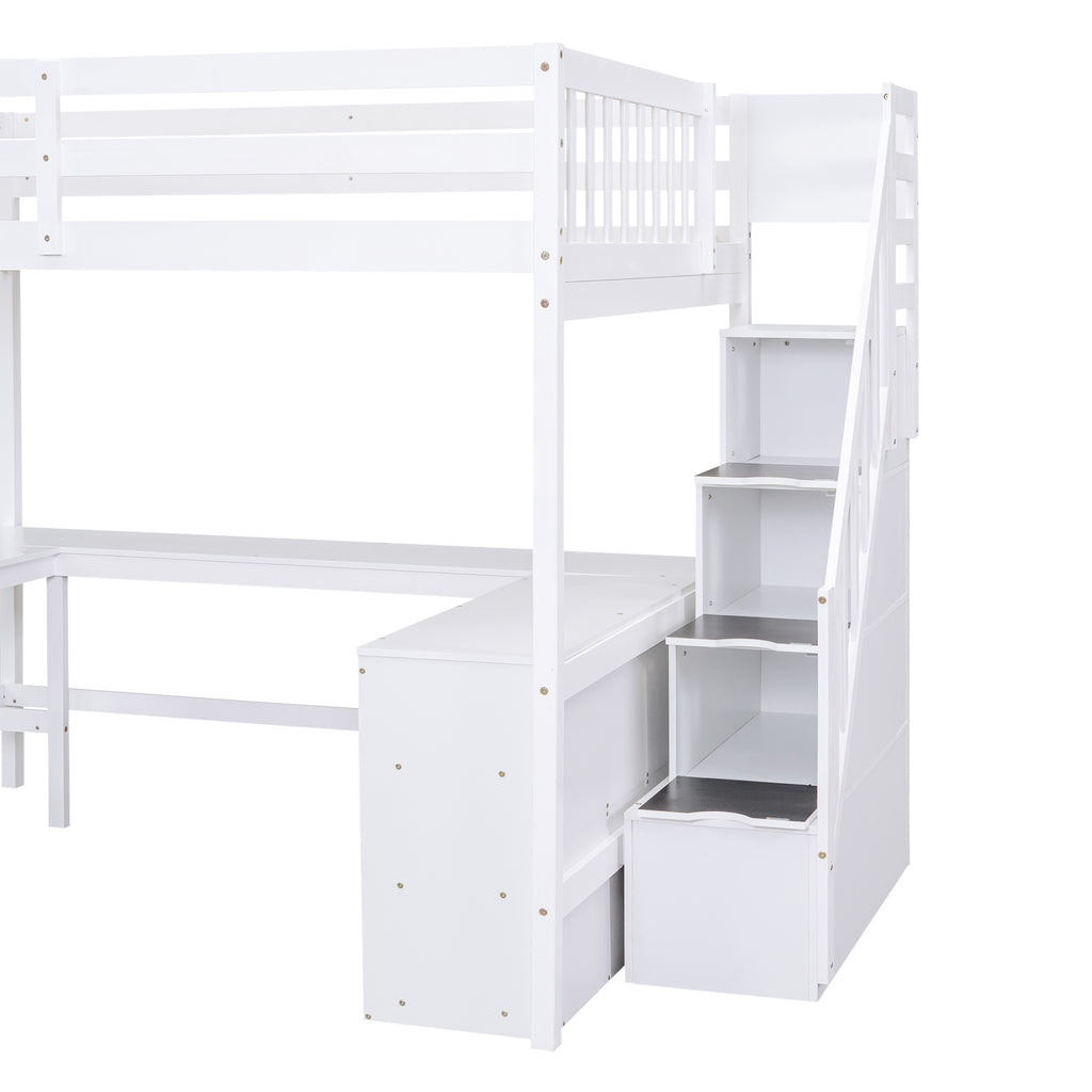 Full Size Loft Bed with Built-in L-Shaped Desk and Three-Tier Storage Shelves,and Attached Storage Staircase, White(Old SKU: GX001809AAK)