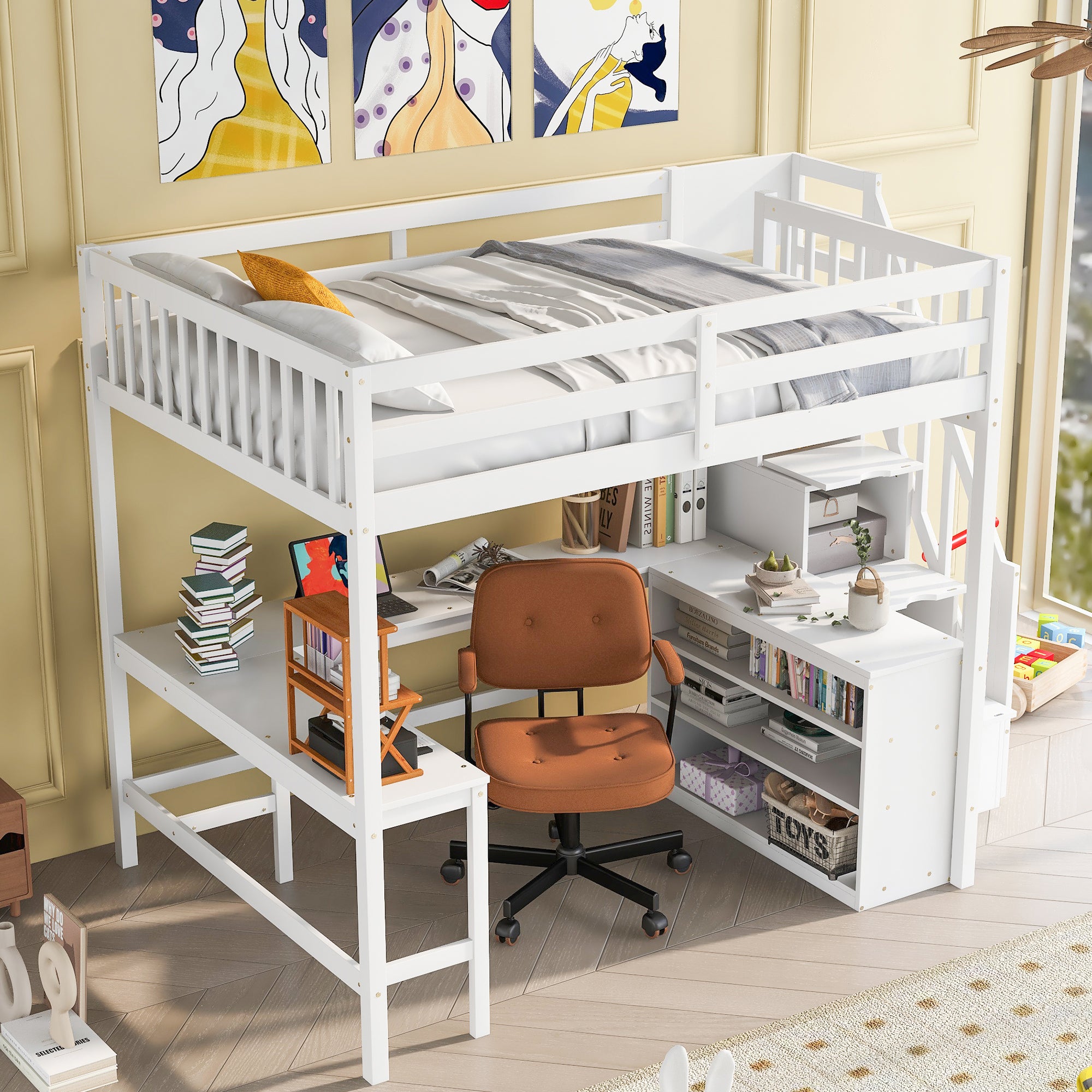 Full Size Loft Bed with Built-in L-Shaped Desk and Three-Tier Storage Shelves,and Attached Storage Staircase, White(Old SKU: GX001809AAK) Default