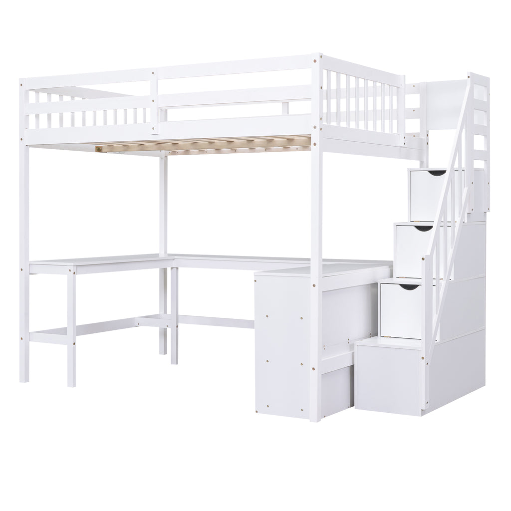 Full Size Loft Bed with Built-in L-Shaped Desk and Three-Tier Storage Shelves,and Attached Storage Staircase, White(Old SKU: GX001809AAK)