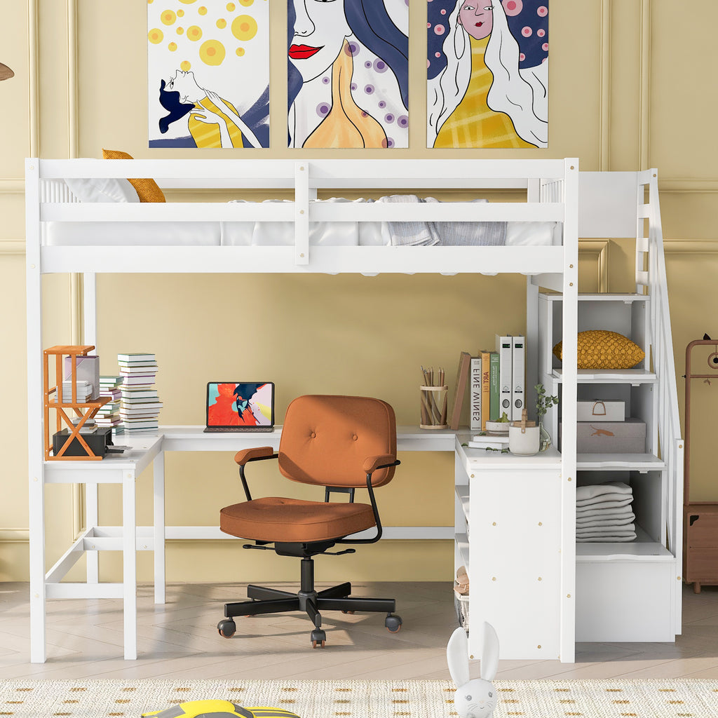 Full Size Loft Bed with Built-in L-Shaped Desk and Three-Tier Storage Shelves,and Attached Storage Staircase, White(Old SKU: GX001809AAK)
