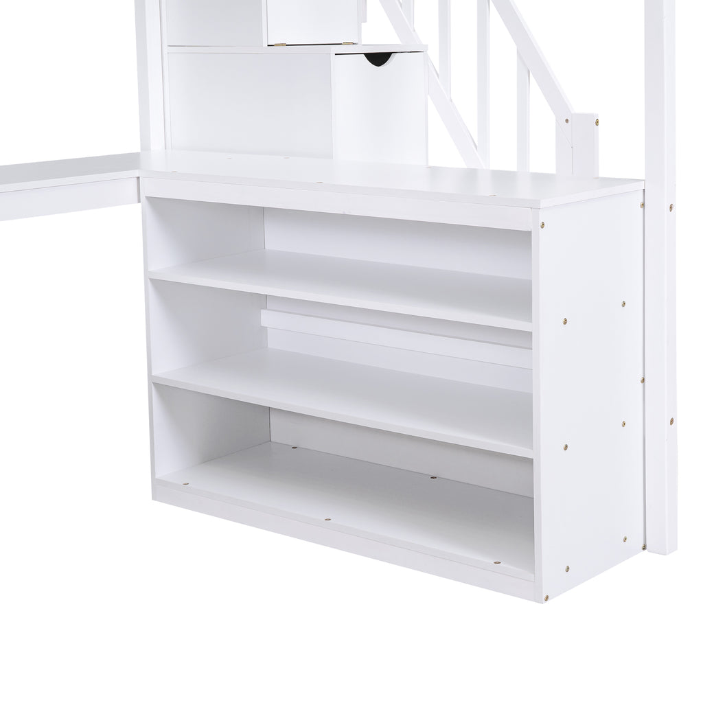 Full Size Loft Bed with Built-in L-Shaped Desk and Three-Tier Storage Shelves,and Attached Storage Staircase, White(Old SKU: GX001809AAK)