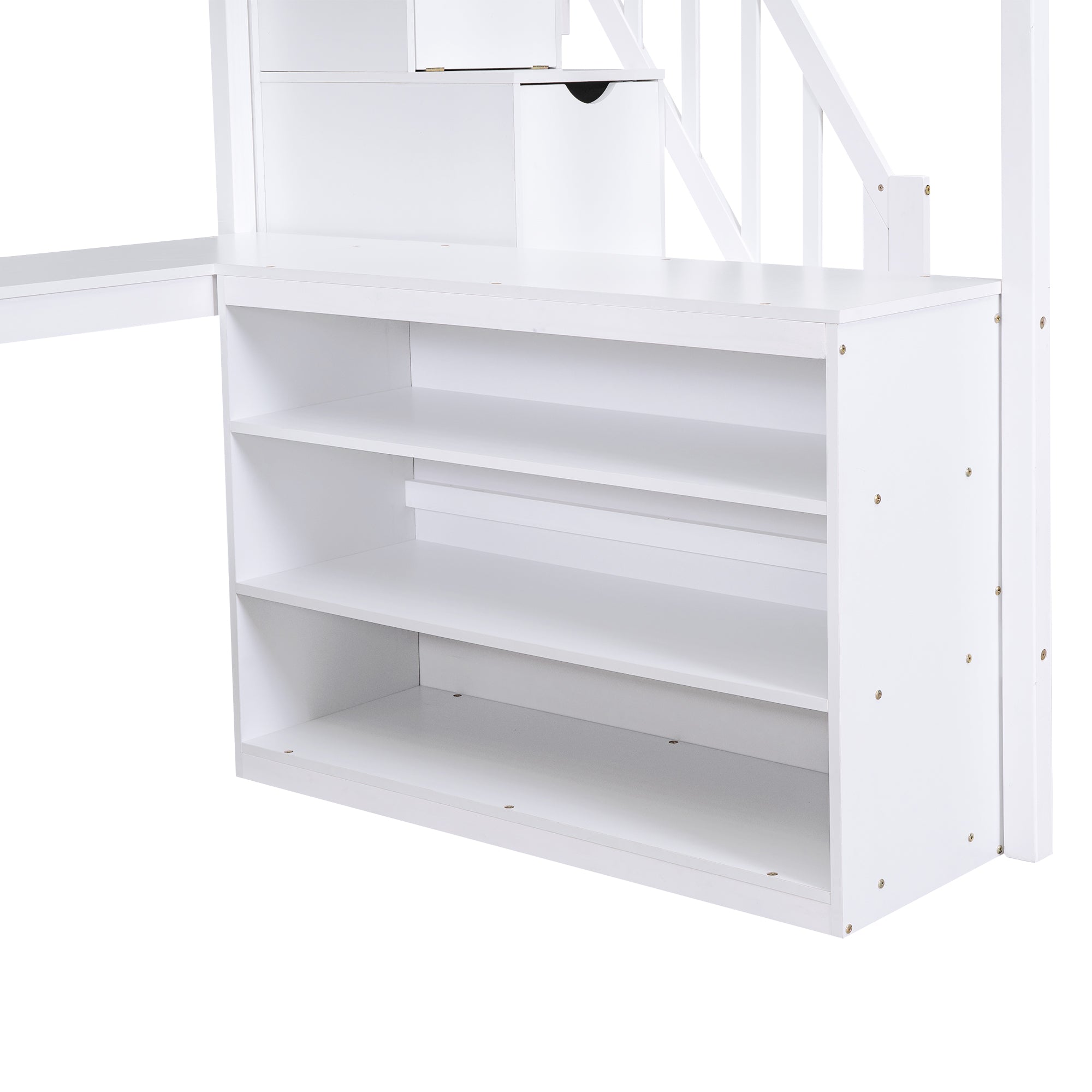Full Size Loft Bed with Built-in L-Shaped Desk and Three-Tier Storage Shelves,and Attached Storage Staircase, White(Old SKU: GX001809AAK)