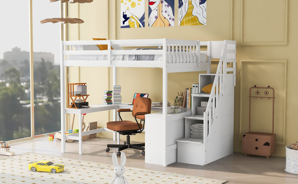 Full Size Loft Bed with Built-in L-Shaped Desk and Three-Tier Storage Shelves,and Attached Storage Staircase, White(Old SKU: GX001809AAK)