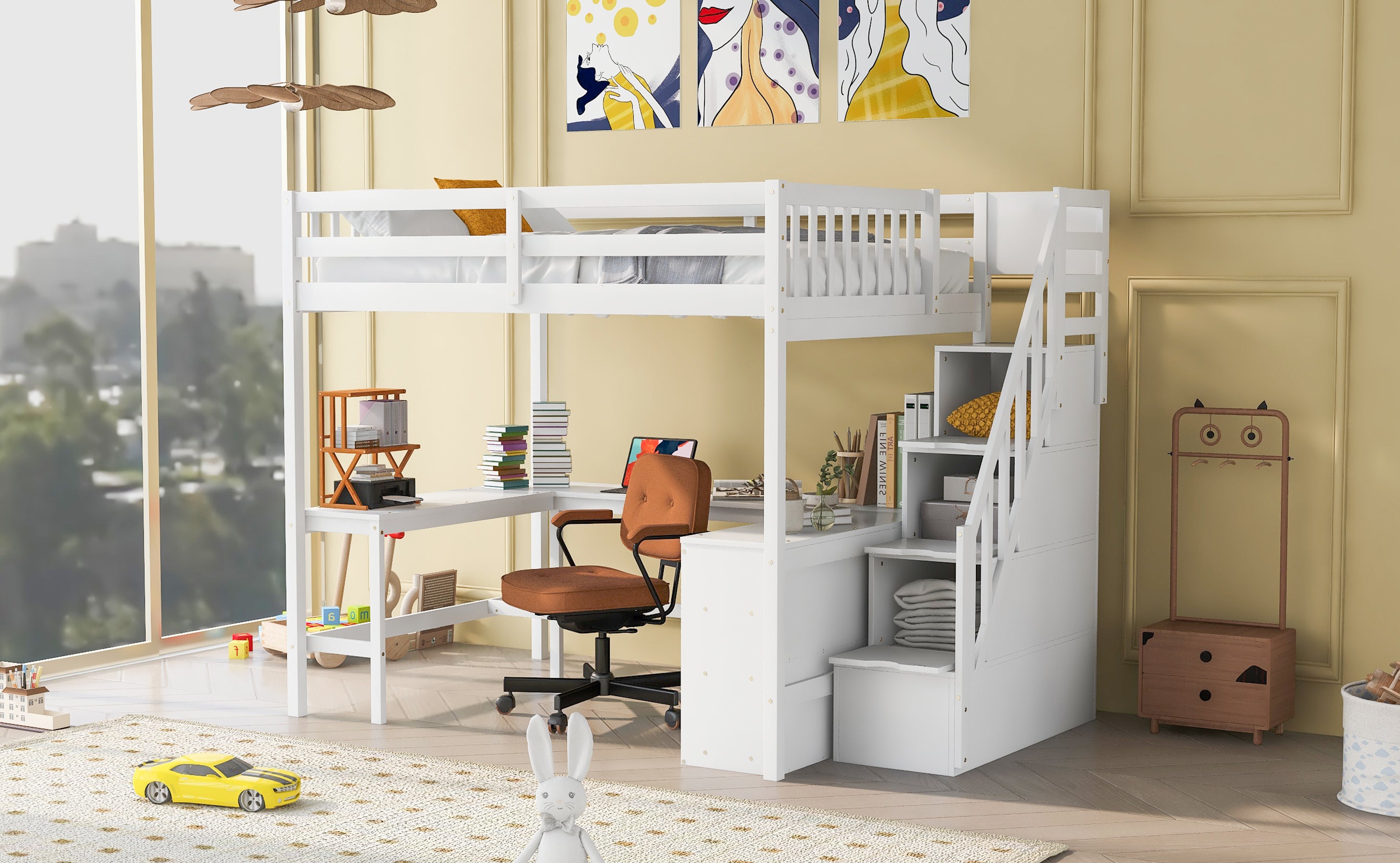 Full Size Loft Bed with Built-in L-Shaped Desk and Three-Tier Storage Shelves,and Attached Storage Staircase, White(Old SKU: GX001809AAK)
