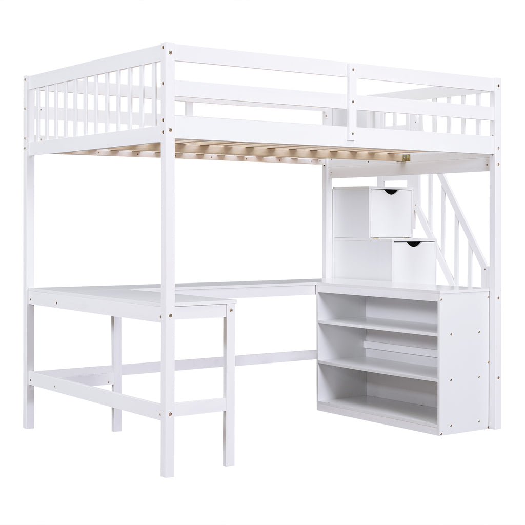 Full Size Loft Bed with Built-in L-Shaped Desk and Three-Tier Storage Shelves,and Attached Storage Staircase, White(Old SKU: GX001809AAK)