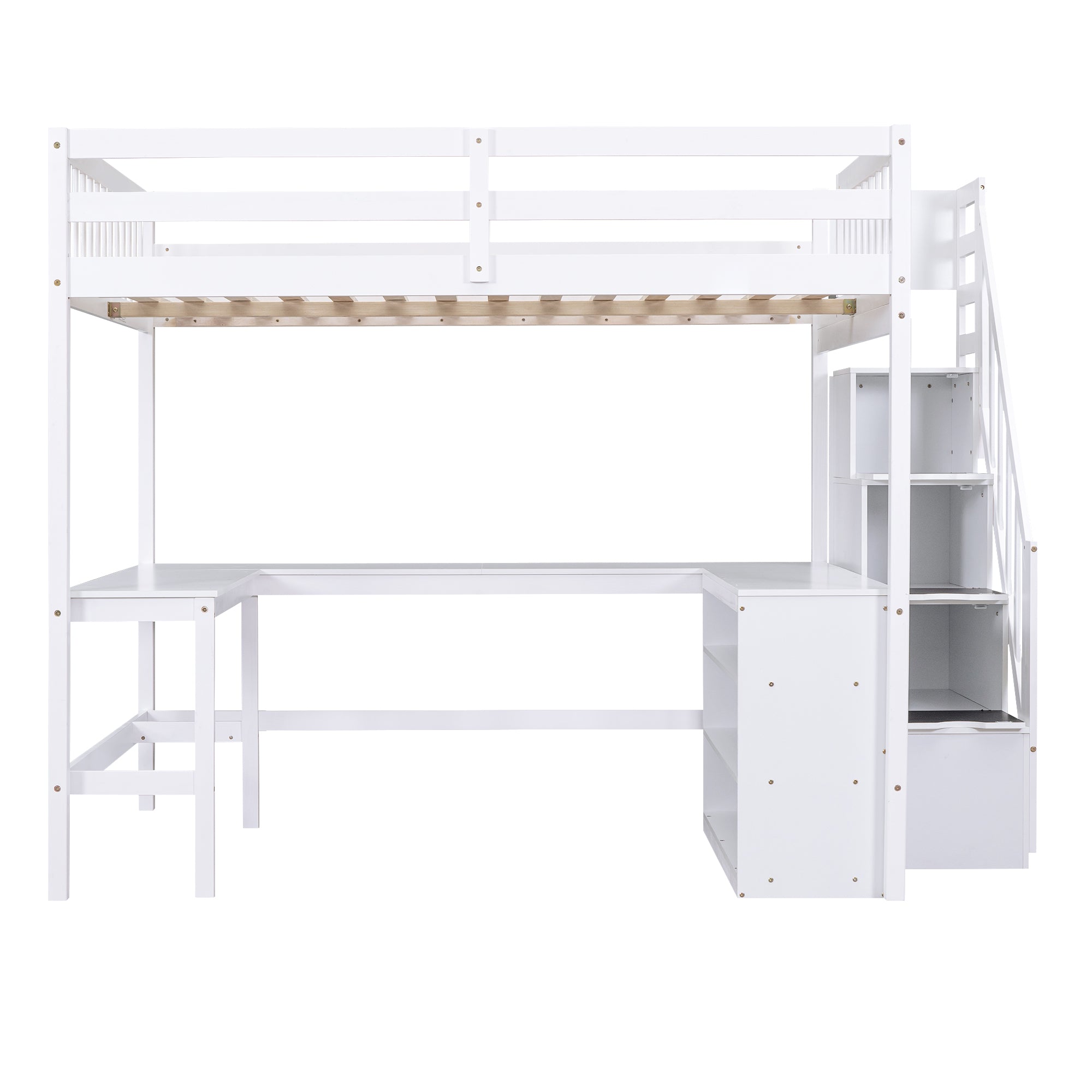 Full Size Loft Bed with Built-in L-Shaped Desk and Three-Tier Storage Shelves,and Attached Storage Staircase, White(Old SKU: GX001809AAK)