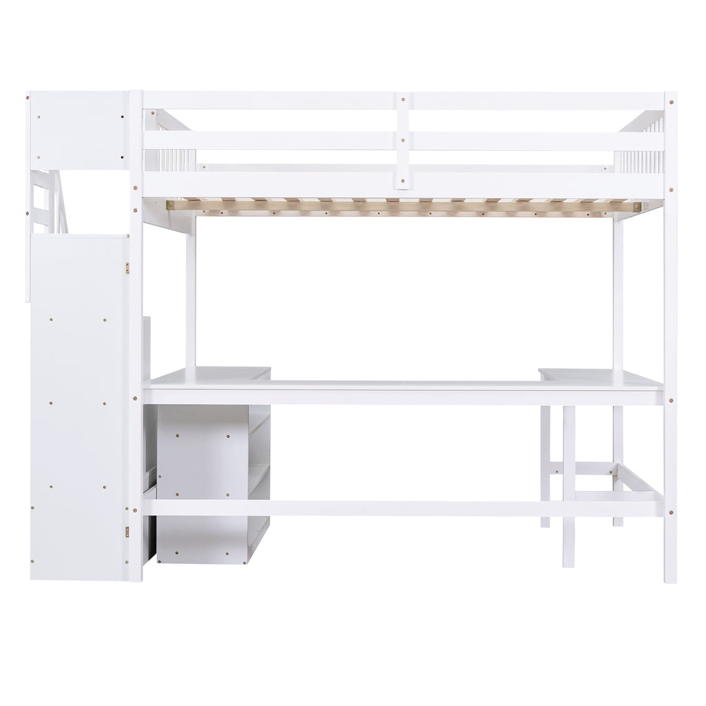 Full Size Loft Bed with Built-in L-Shaped Desk and Three-Tier Storage Shelves,and Attached Storage Staircase, White(Old SKU: GX001809AAK)