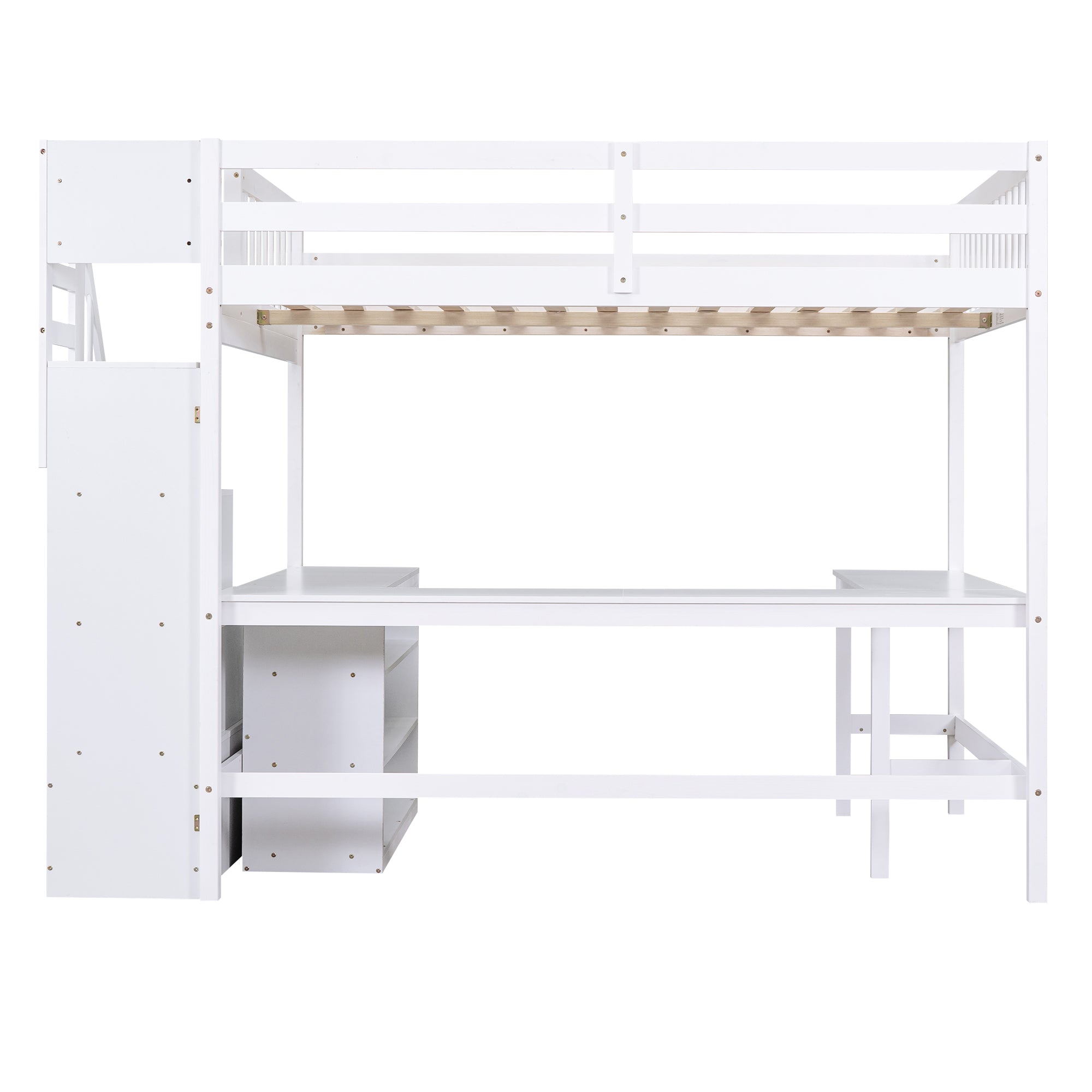 Full Size Loft Bed with Built-in L-Shaped Desk and Three-Tier Storage Shelves,and Attached Storage Staircase, White(Old SKU: GX001809AAK)