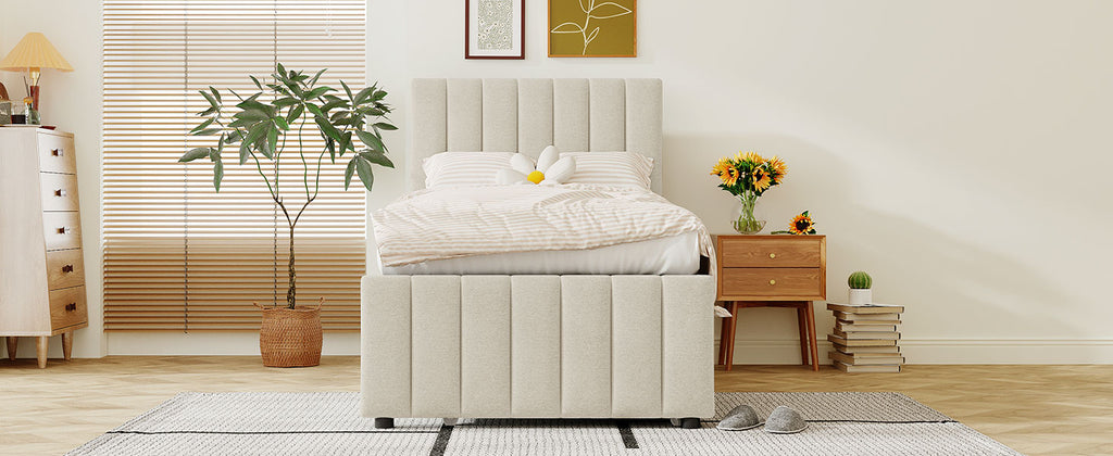 Twin Size Upholstered Platform Bed with Trundle and 3 Drawers, Linen Fabric, Beige
