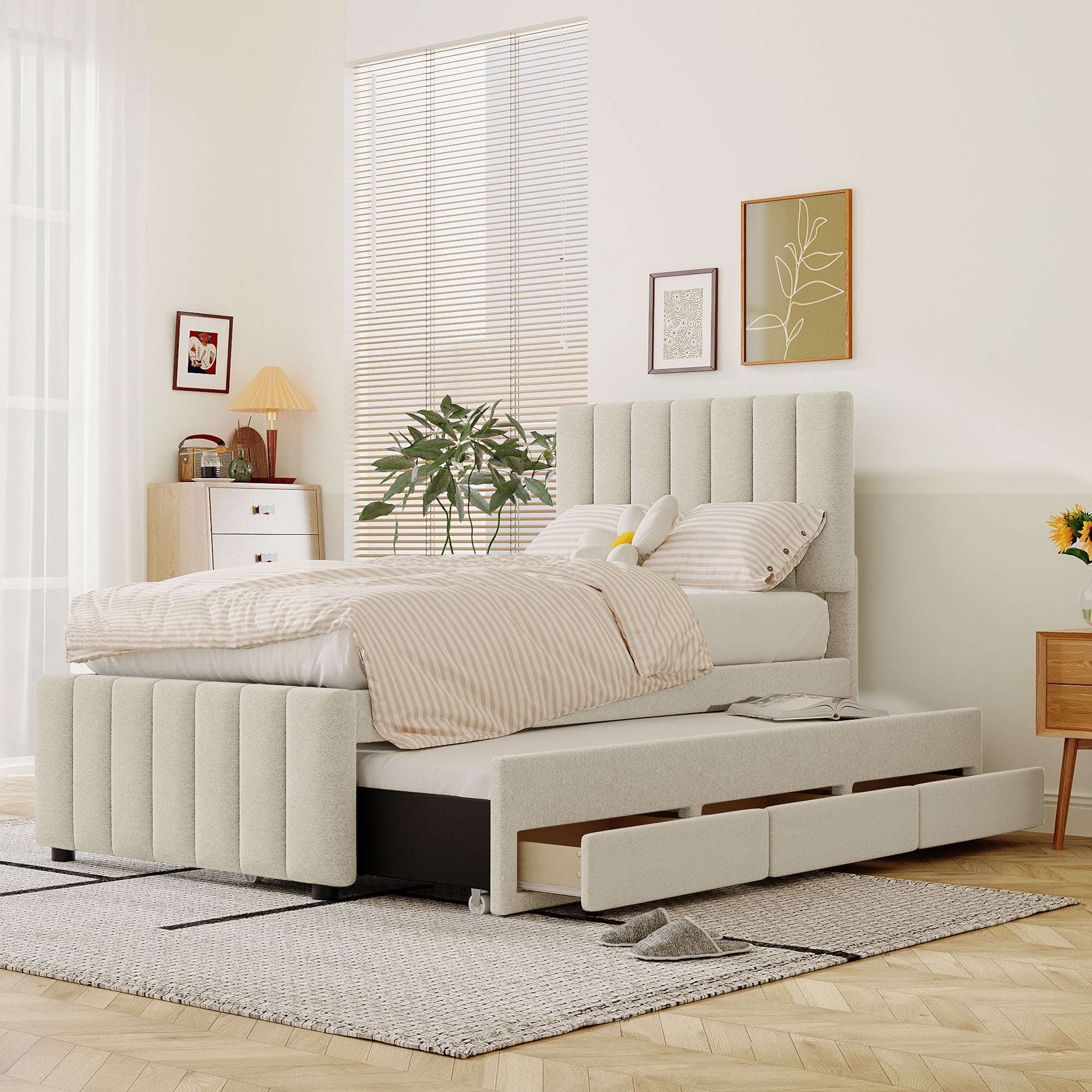 Twin Size Upholstered Platform Bed with Trundle and 3 Drawers, Linen Fabric, Beige Default