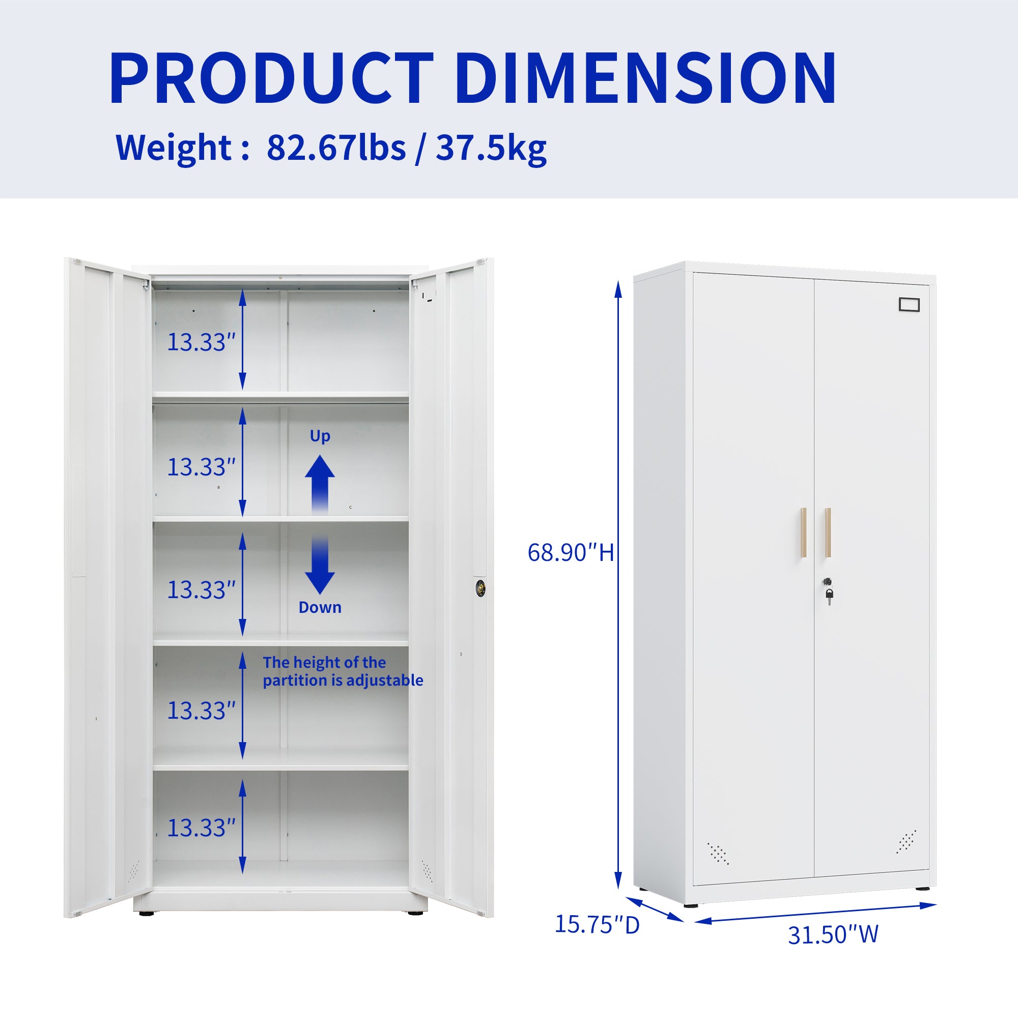 High Storage Cabinet with 2 Doors and 4 Partitions to Separate 5 Storage Spaces, Home/ Office Design