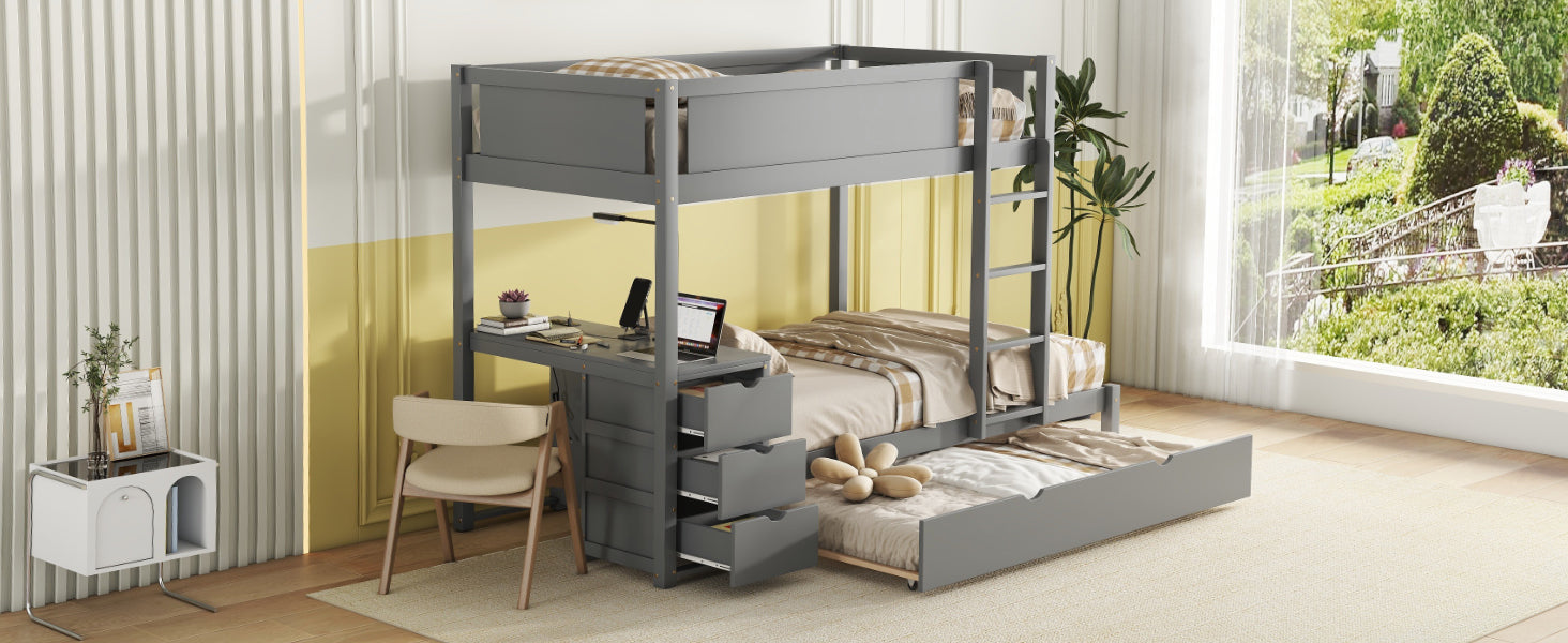 Twin-Over-Twin Bunk Bed with Twin size Trundle, Storage and Desk, Gray