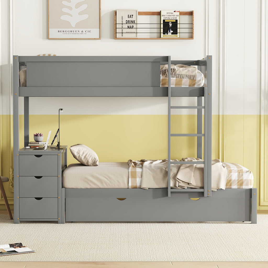 Twin-Over-Twin Bunk Bed with Twin size Trundle, Storage and Desk, Gray