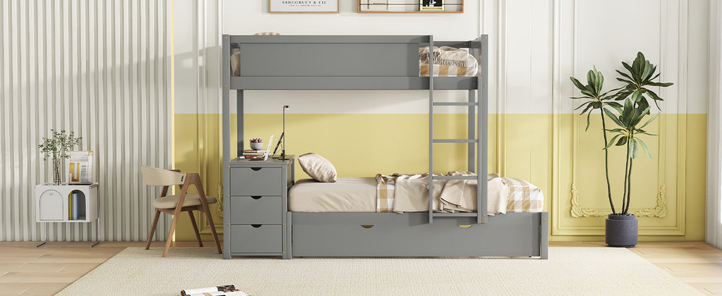 Twin-Over-Twin Bunk Bed with Twin size Trundle, Storage and Desk, Gray