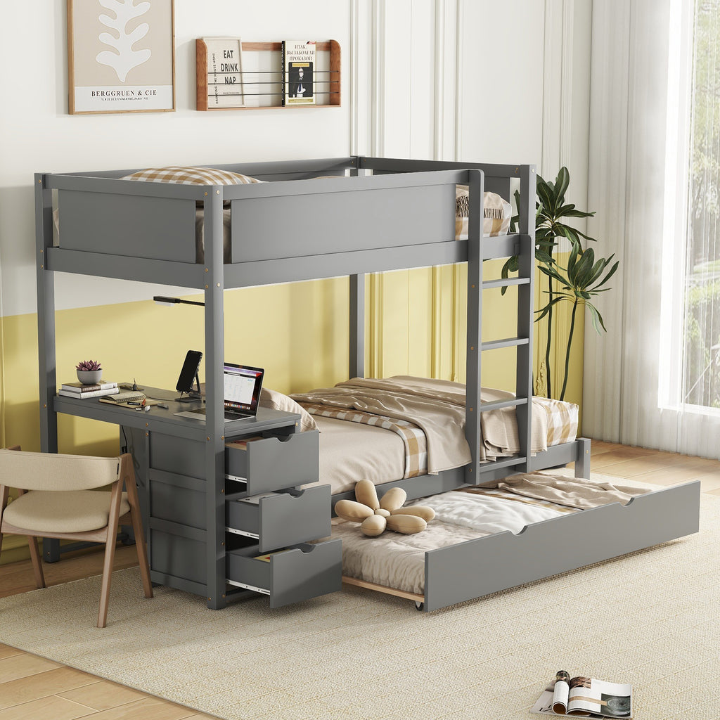 Twin-Over-Twin Bunk Bed with Twin size Trundle, Storage and Desk, Gray Default