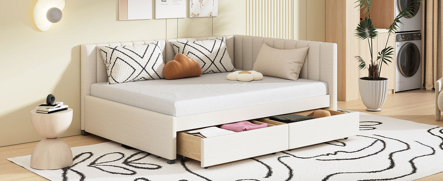 Full Size Upholstered Daybed with 2 Storage Drawers Sofa Bed Frame No Box Spring Needed, Linen Fabric (Beige)