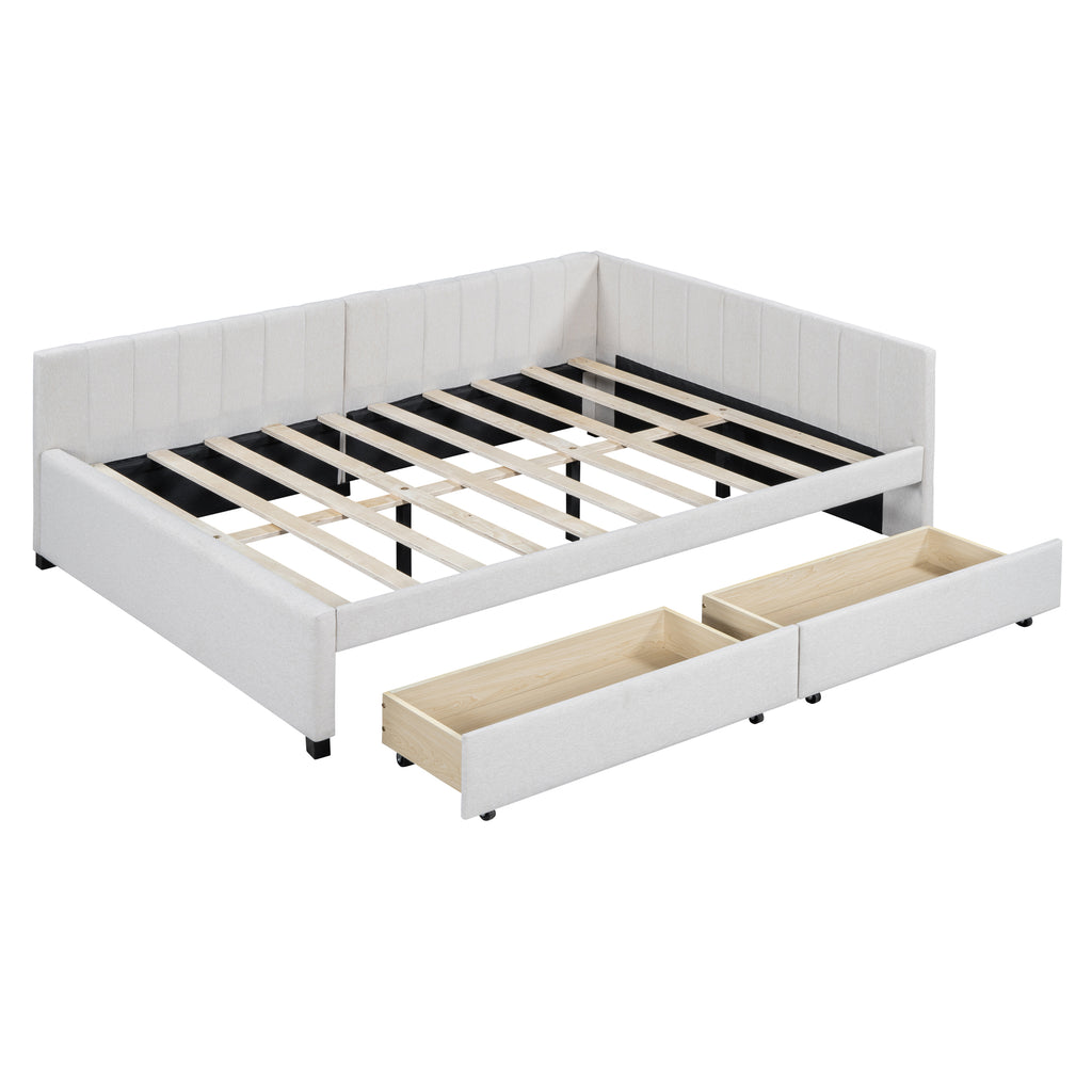 Full Size Upholstered Daybed with 2 Storage Drawers Sofa Bed Frame No Box Spring Needed, Linen Fabric (Beige)