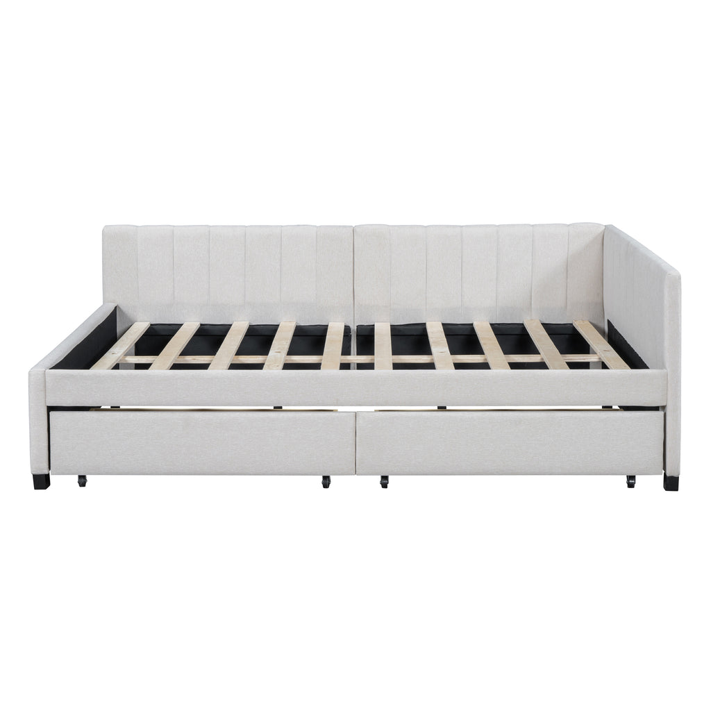 Full Size Upholstered Daybed with 2 Storage Drawers Sofa Bed Frame No Box Spring Needed, Linen Fabric (Beige)