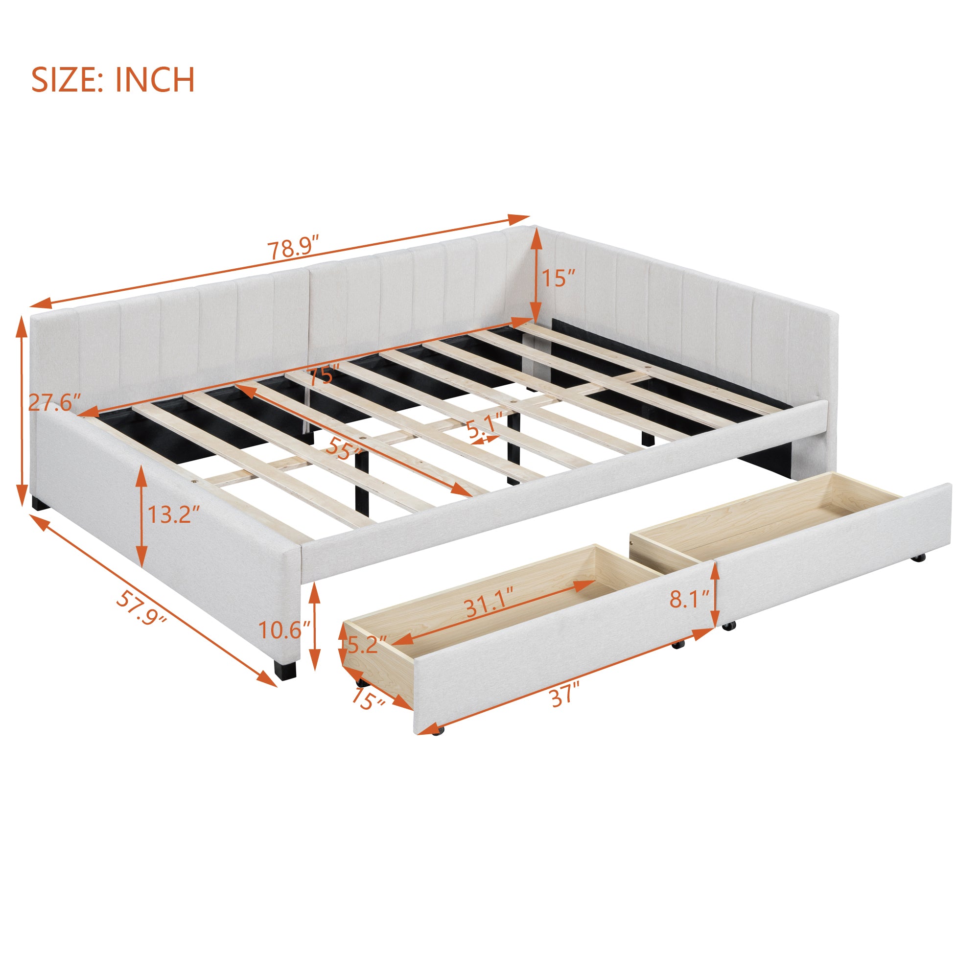 Full Size Upholstered Daybed with 2 Storage Drawers Sofa Bed Frame No Box Spring Needed, Linen Fabric (Beige)