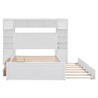 Full Size Wooden Bed With All-in-One Cabinet, Shelf and Sockets,Twin Size Trundle, White