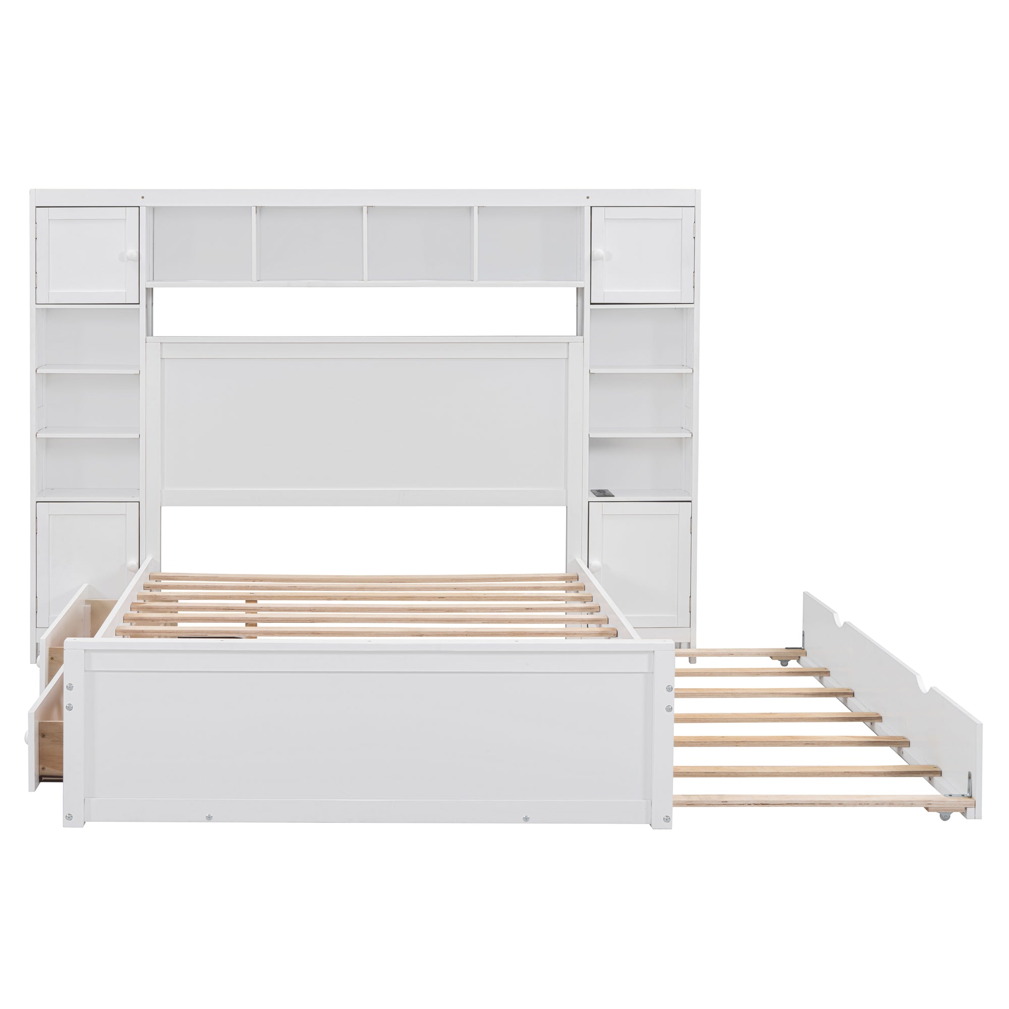 Full Size Wooden Bed With All-in-One Cabinet, Shelf and Sockets,Twin Size Trundle, White