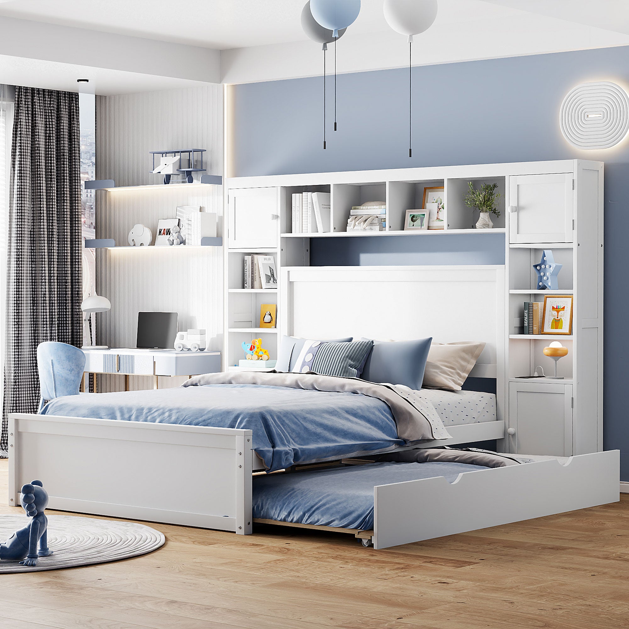 Full Size Wooden Bed With All-in-One Cabinet, Shelf and Sockets,Twin Size Trundle, White Default