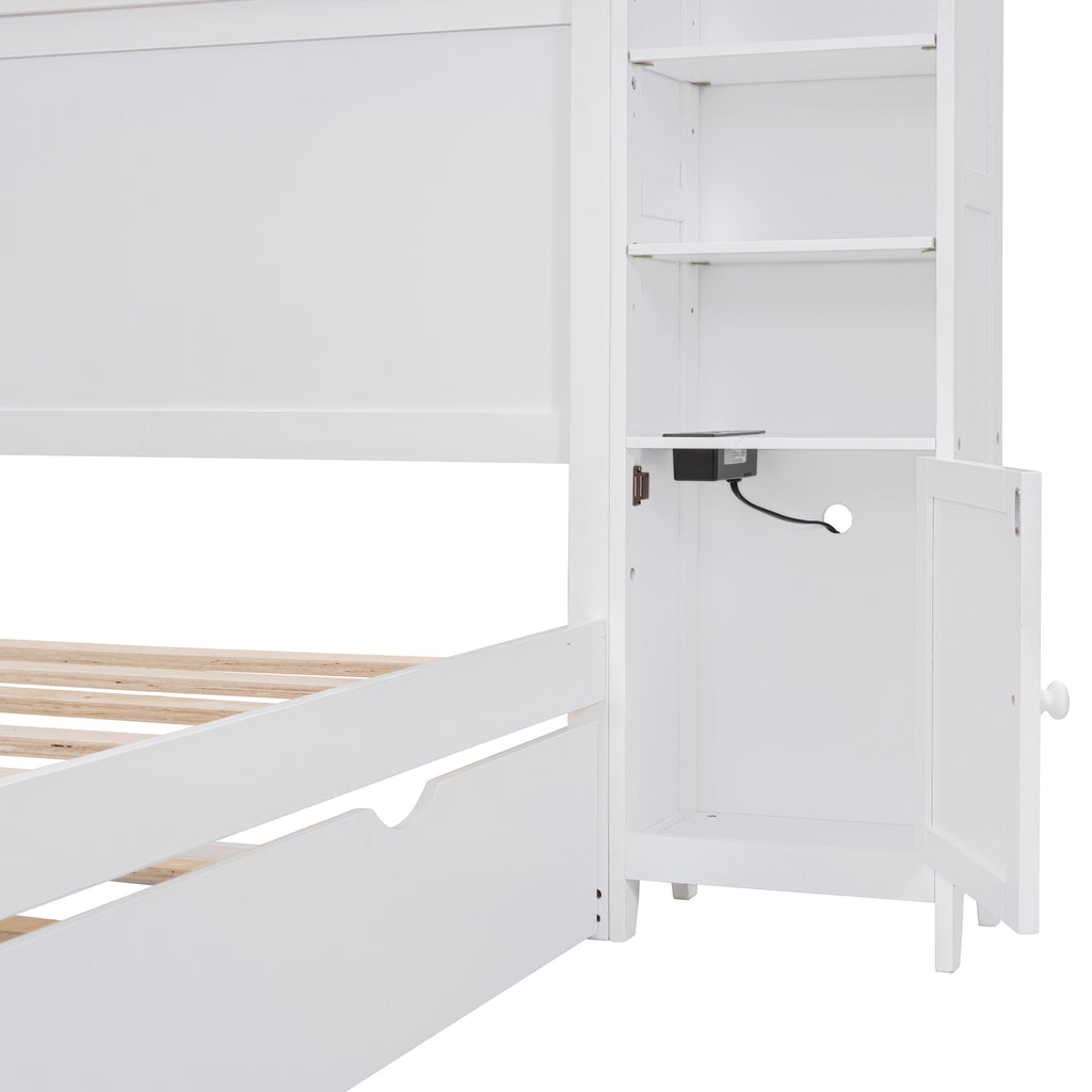 Full Size Wooden Bed With All-in-One Cabinet, Shelf and Sockets,Twin Size Trundle, White