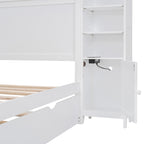 Full Size Wooden Bed With All-in-One Cabinet, Shelf and Sockets,Twin Size Trundle, White