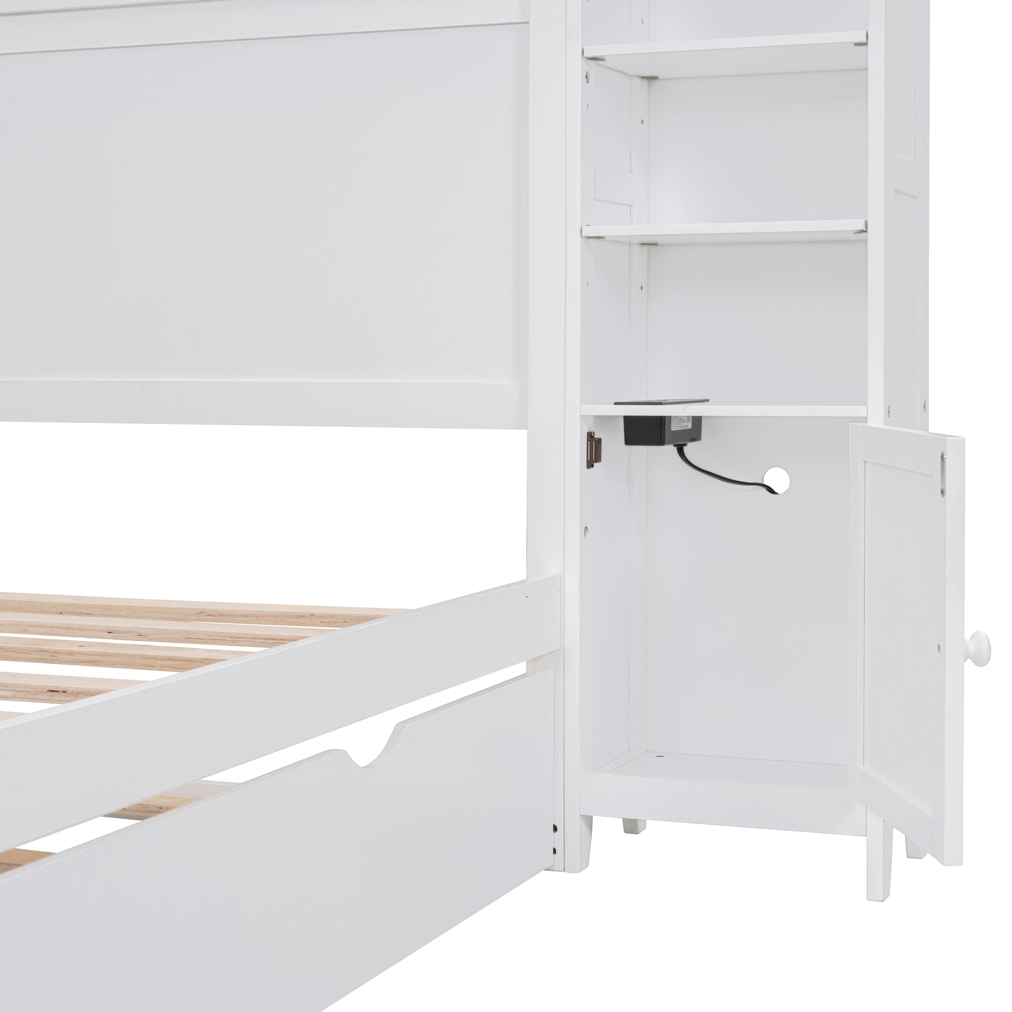 Full Size Wooden Bed With All-in-One Cabinet, Shelf and Sockets,Twin Size Trundle, White