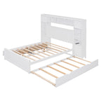 Full Size Wooden Bed With All-in-One Cabinet, Shelf and Sockets,Twin Size Trundle, White