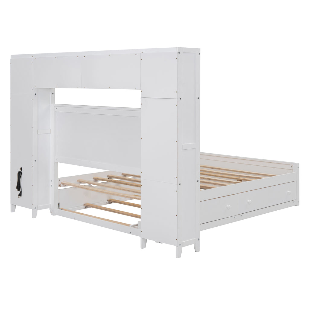 Full Size Wooden Bed With All-in-One Cabinet, Shelf and Sockets,Twin Size Trundle, White