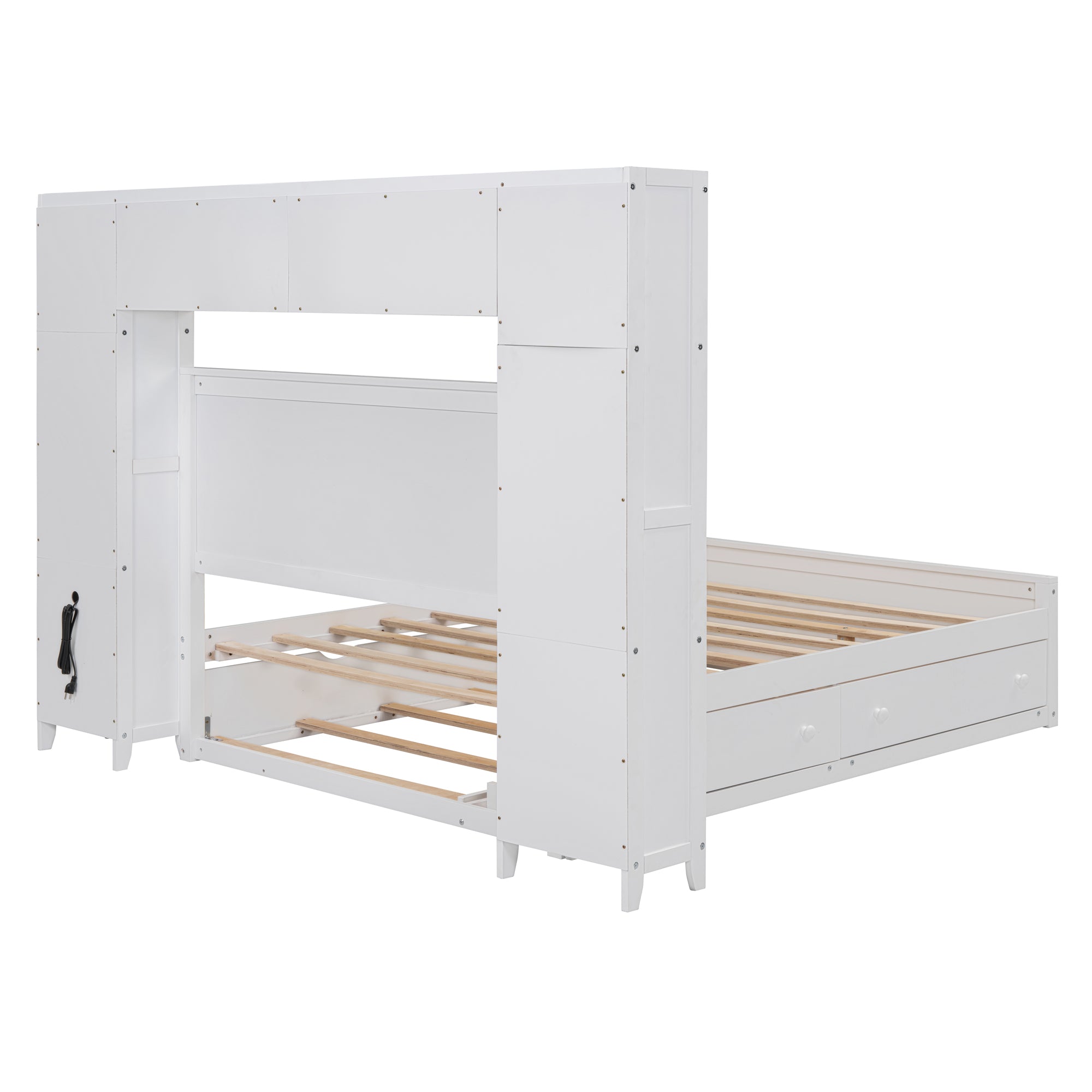 Full Size Wooden Bed With All-in-One Cabinet, Shelf and Sockets,Twin Size Trundle, White