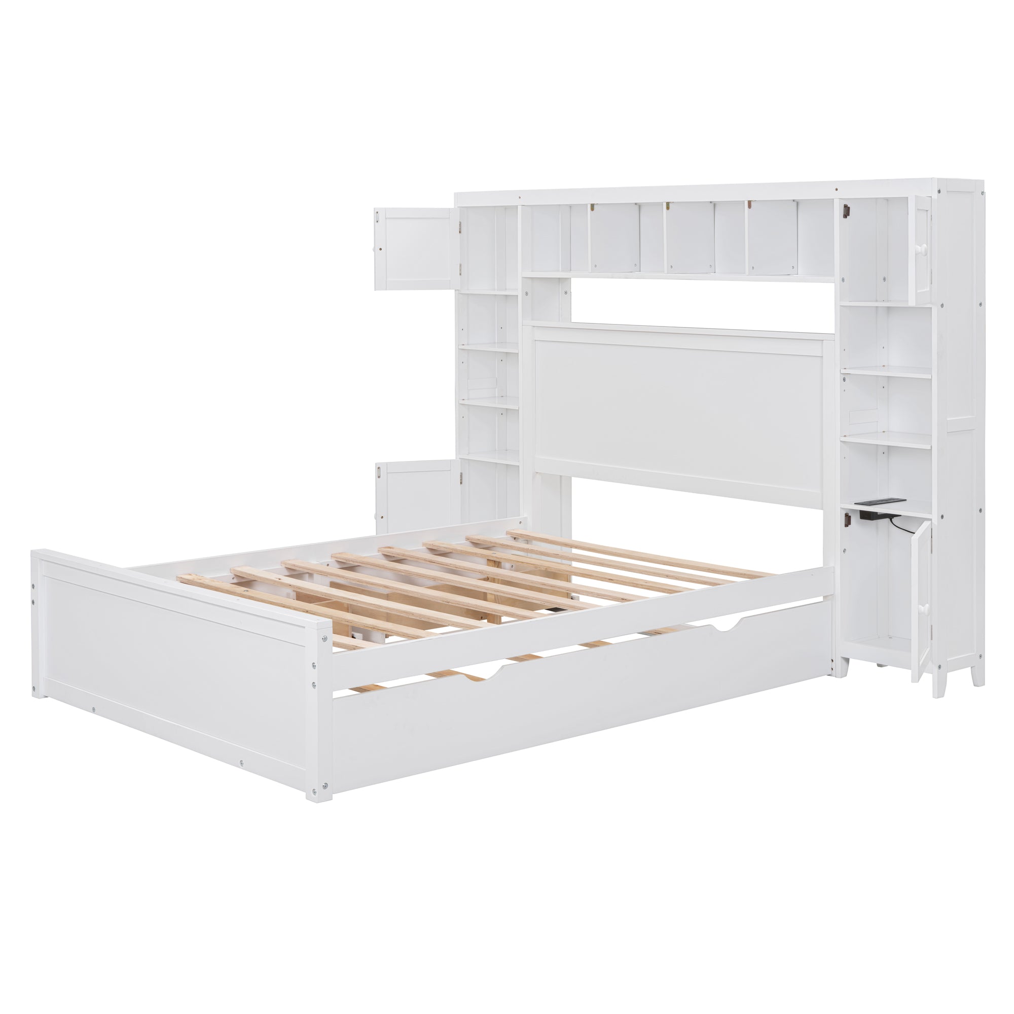 Full Size Wooden Bed With All-in-One Cabinet, Shelf and Sockets,Twin Size Trundle, White